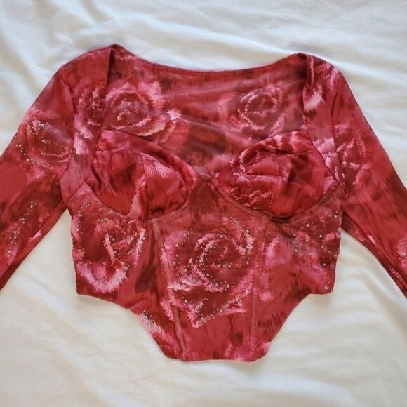 Shein Bae Long Sleeve Mesh Corset Top With Rhinestones - Floral Rose Print - Picture 1 of 7